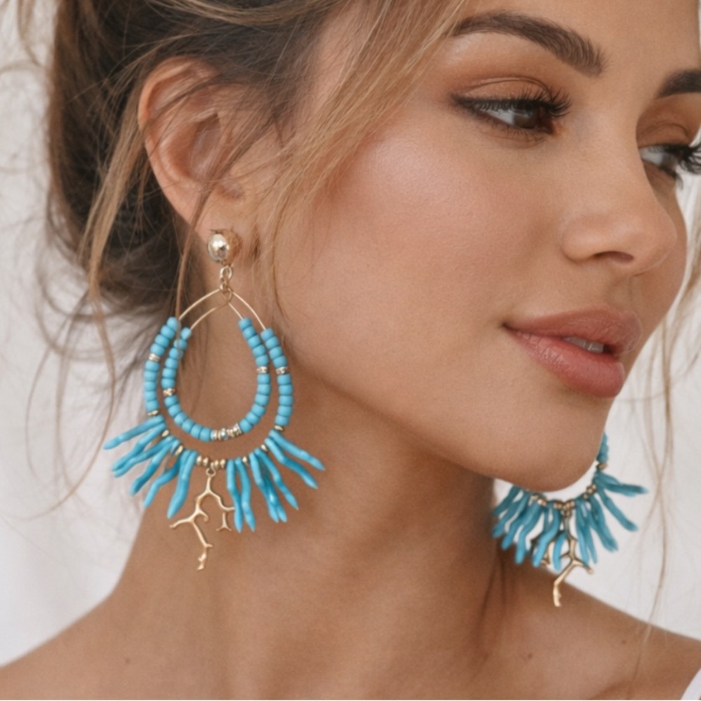 Turquoise and Gold Drop Earrings with Coral Design